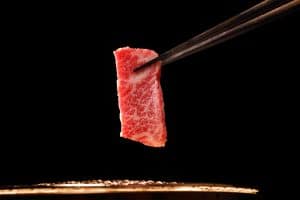 a piece of meat being held by chopsticks